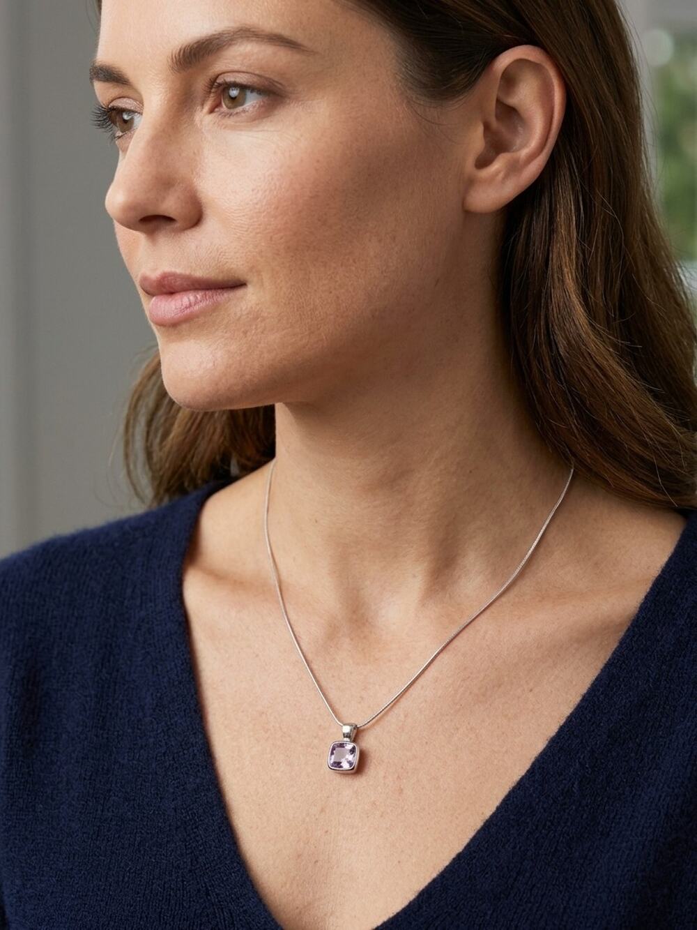 STERLING Purple Crystal Pendant Necklace Tone Snake Chain Womens fine